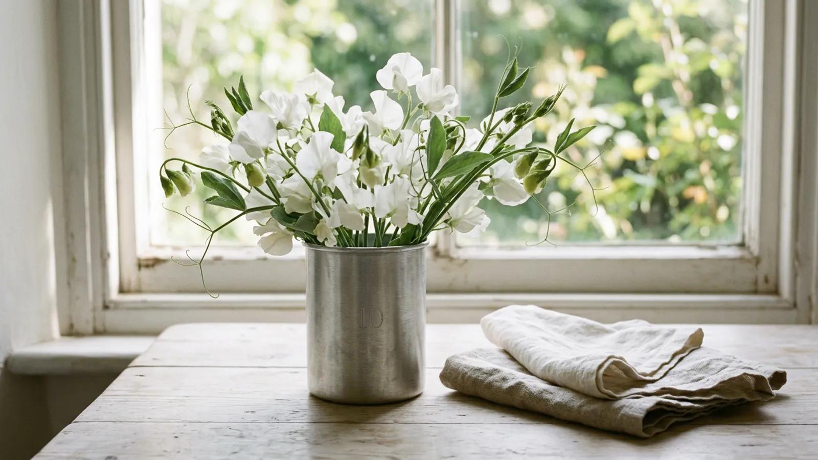 Tin anniversary still life: brushed aluminium vase with sweet peas