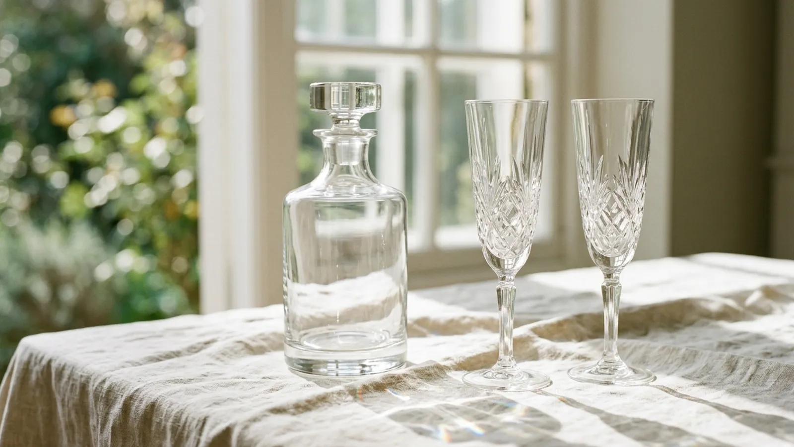 Two empty cut-glass flutes and a plain glass decanter on pale linen in bright window light.