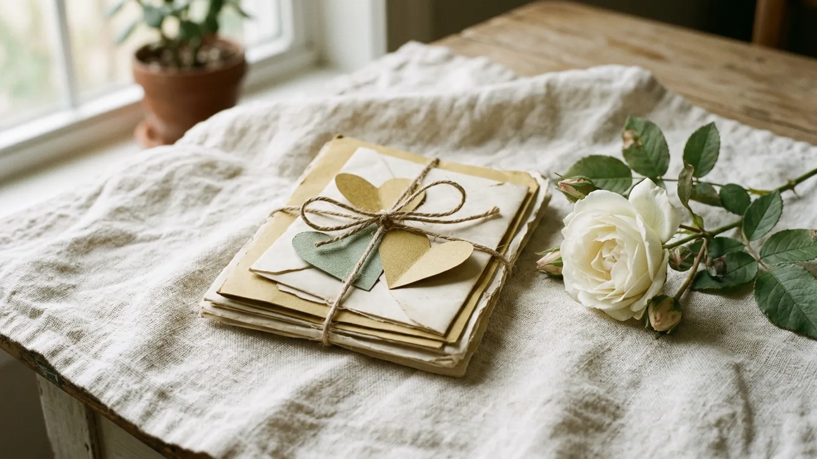 Paper anniversary still life — folded love letters and paper hearts