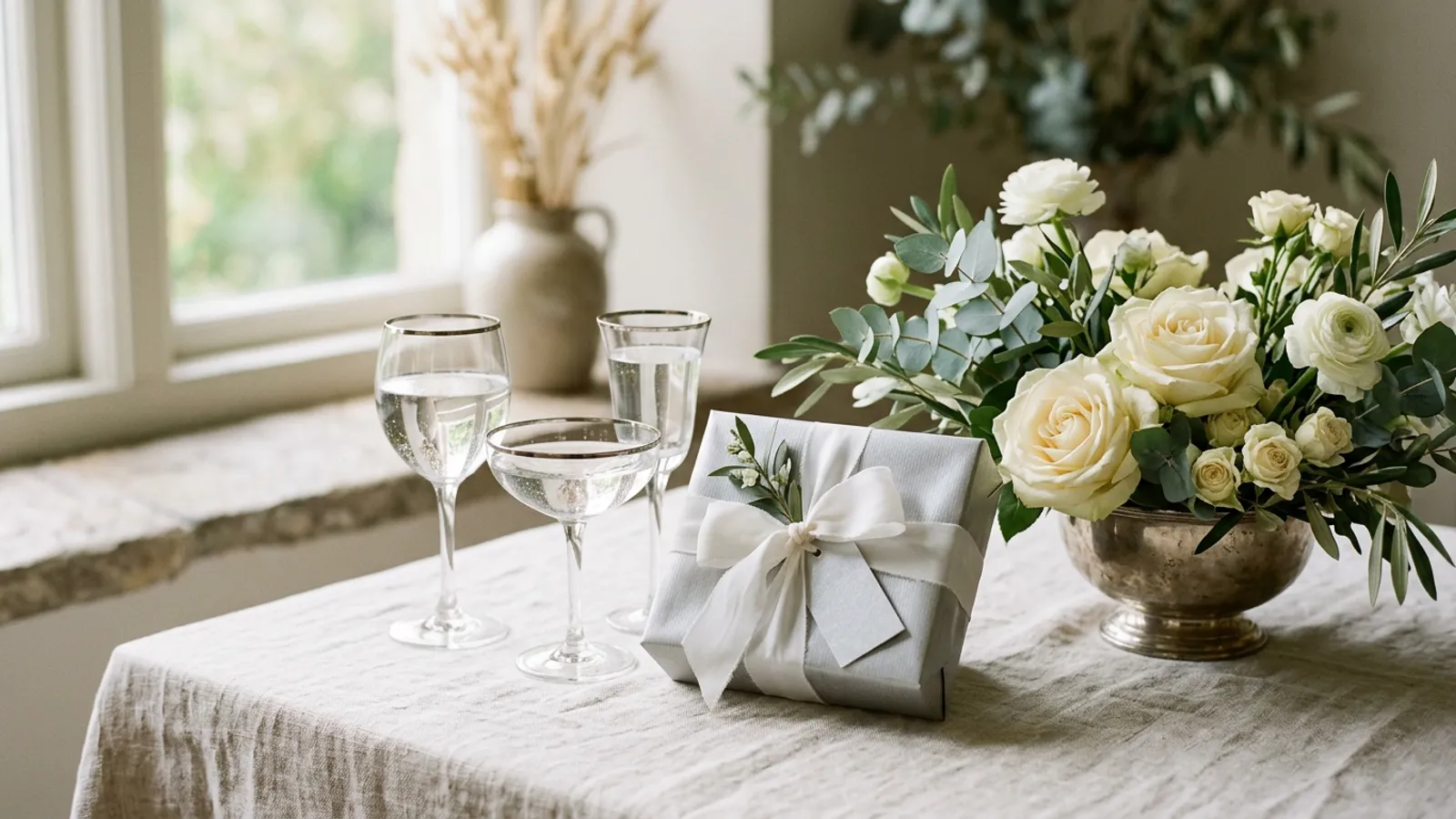 Silver anniversary still life: silver-wrapped gift and white roses