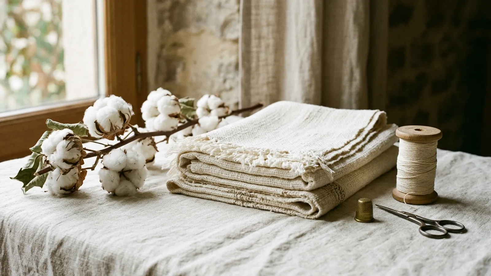 Cotton bolls beside a folded stack of woven ivory cloth, a spool of thread and a brass thimble on linen