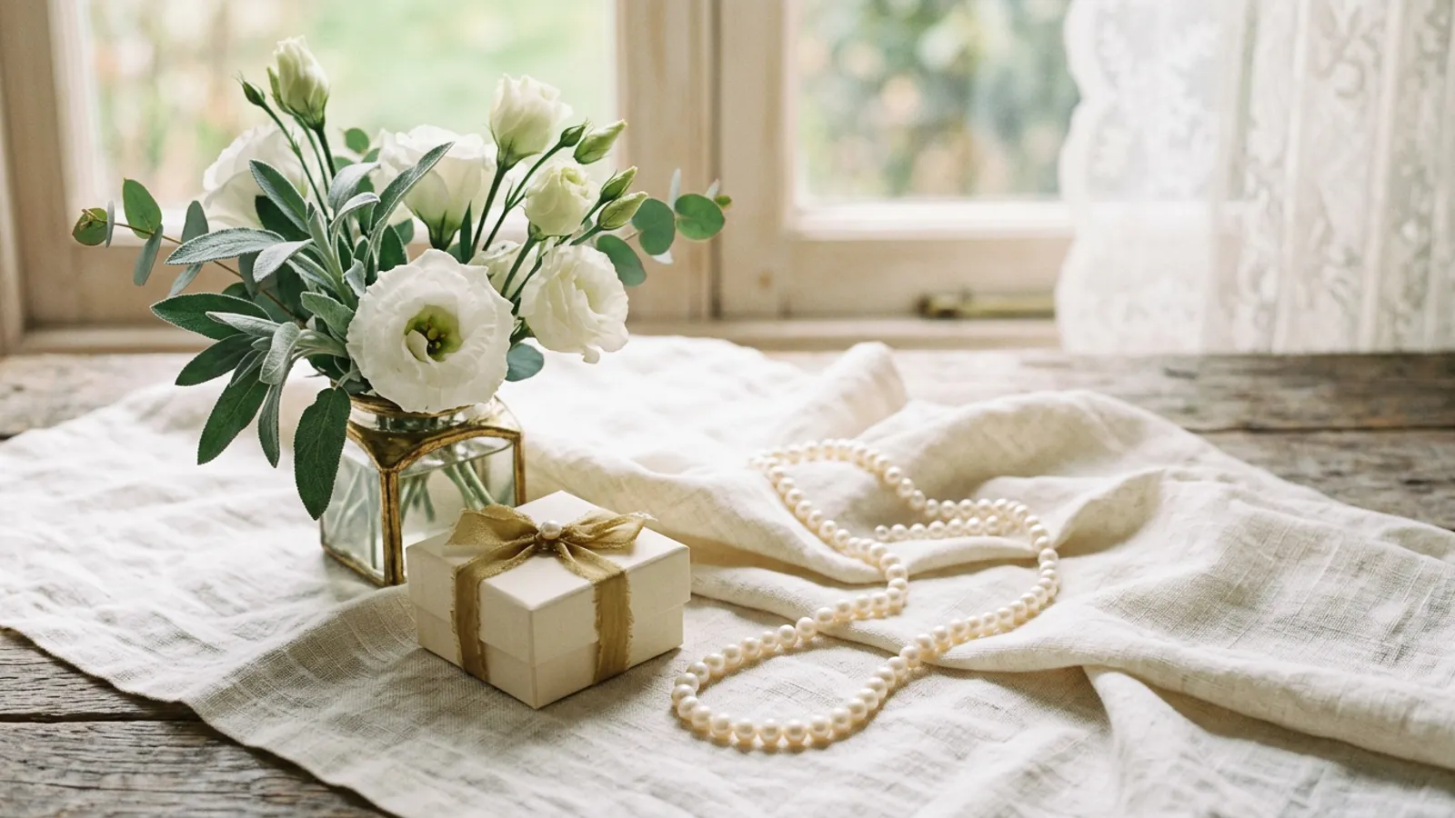 Pearl anniversary still life: string of pearls on ivory linen