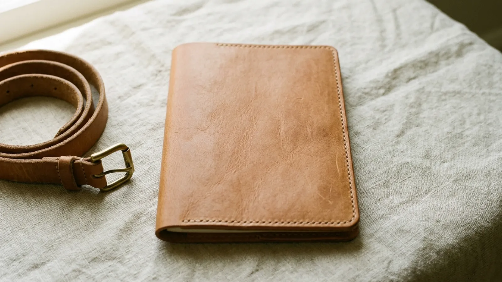 A tan leather notebook cover, a coiled leather strap and a brass buckle on pale linen.