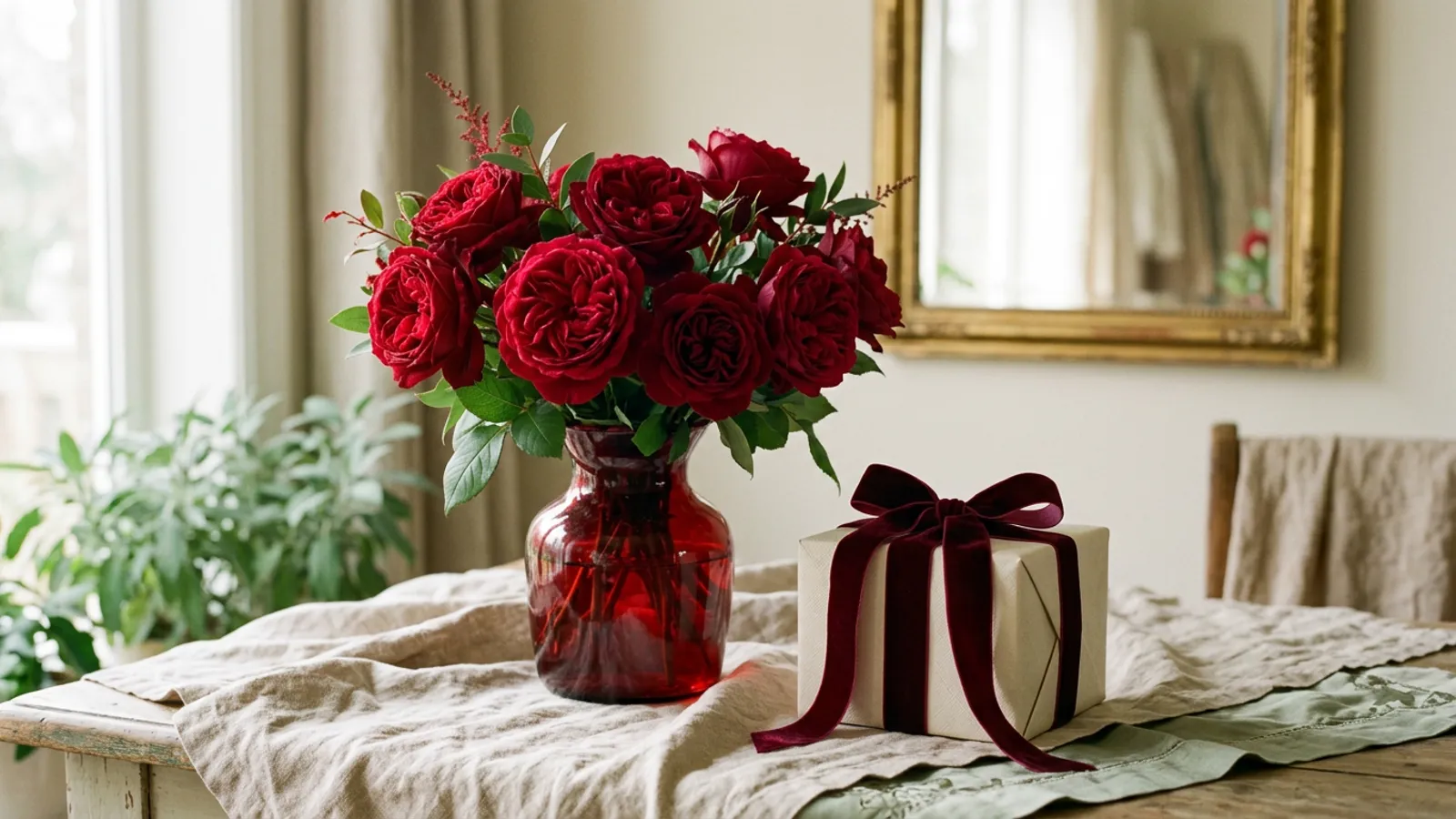 Ruby anniversary still life: deep red roses and ruby glass vase