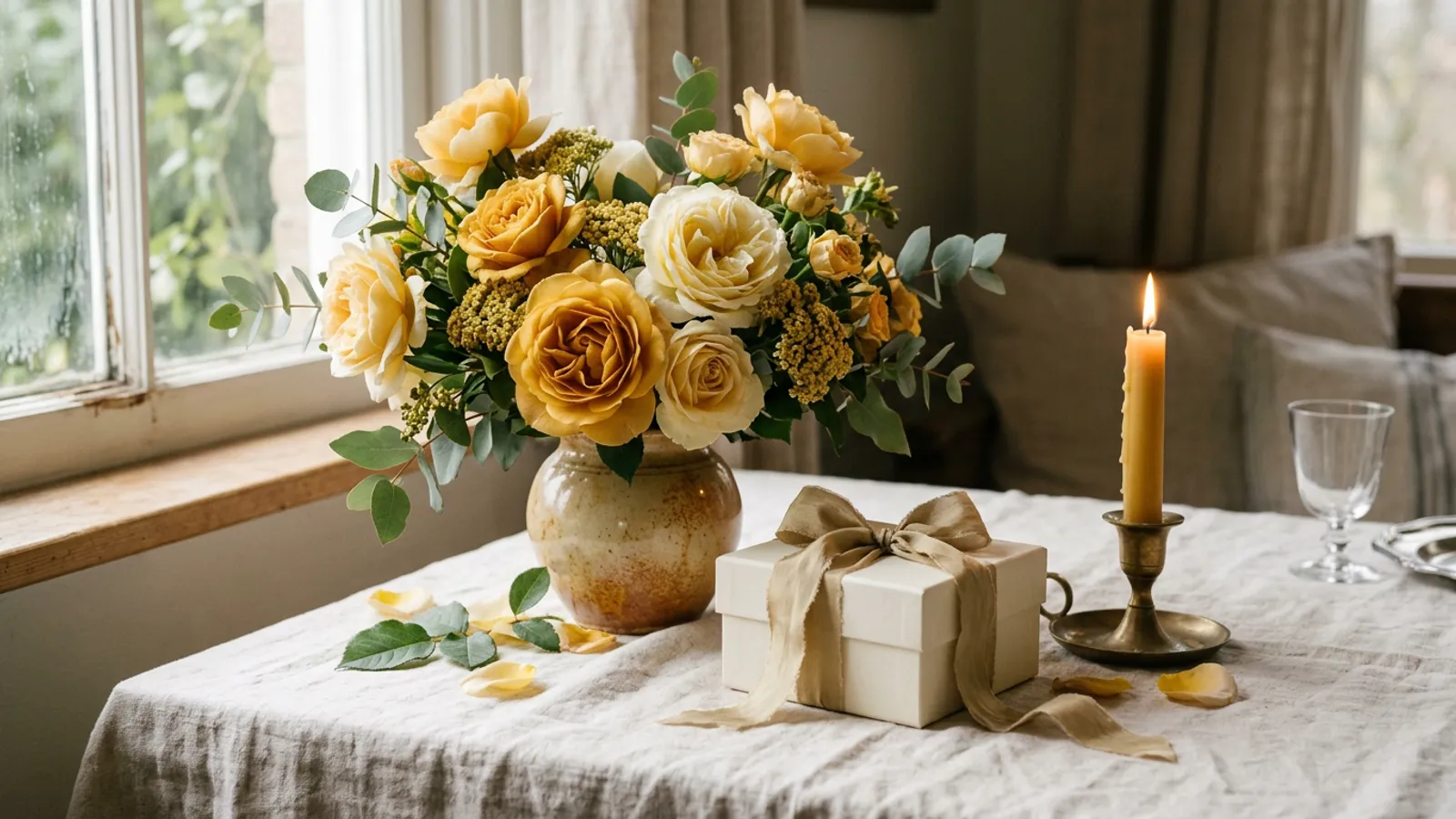 Golden anniversary still life: golden roses and candlelight