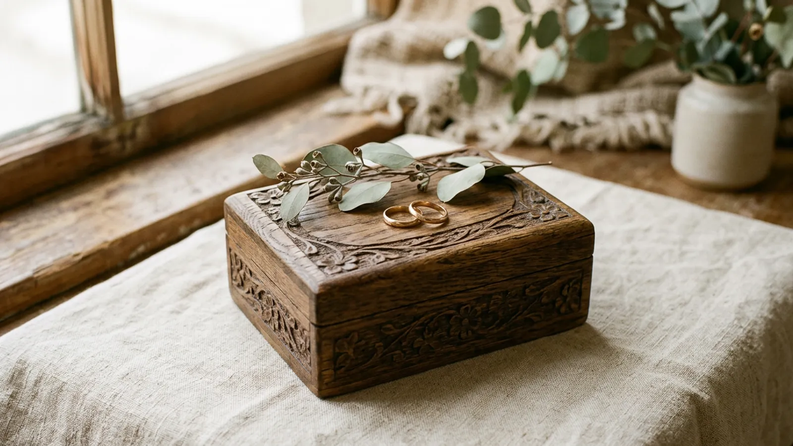 Wood anniversary still life: carved oak keepsake box with wedding rings