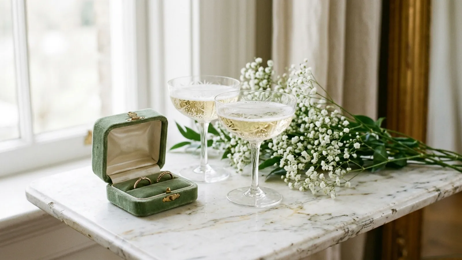 Engagement still life: velvet ring box and champagne coupes