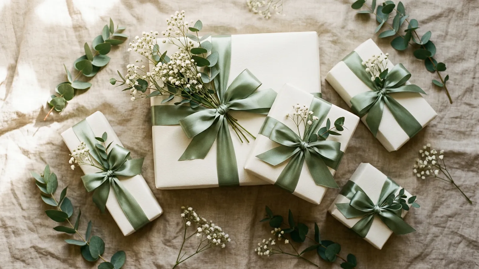 Wedding gifts wrapped in ivory paper with sage ribbon and gypsophila