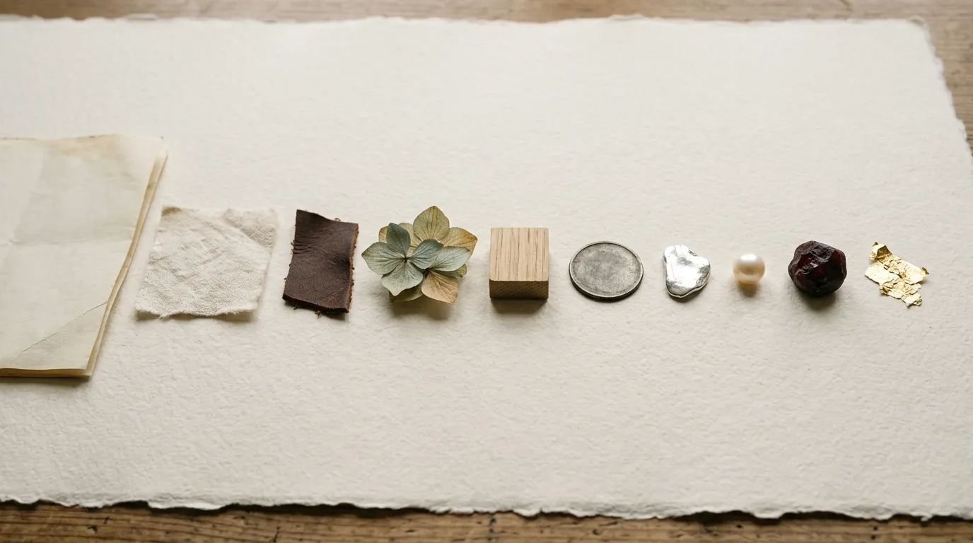 A long row of anniversary materials laid out in order across a paper ground, paper through to gold.