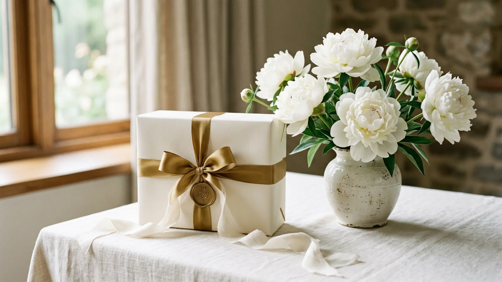 A wax-sealed wedding gift beside white peonies