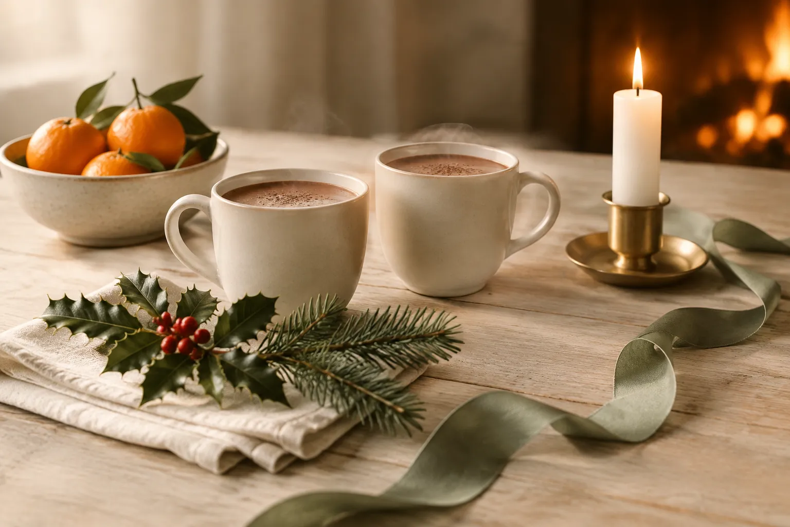 Two cream cups, holly and pine on ivory linen, clementines and a lit candle on a wooden table.