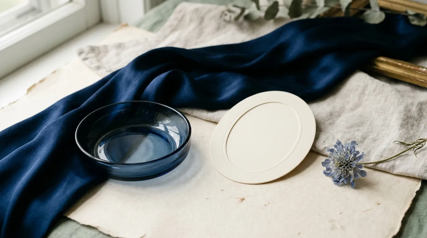A deep blue glass dish and a length of blue silk on pale linen beside an empty card mount.
