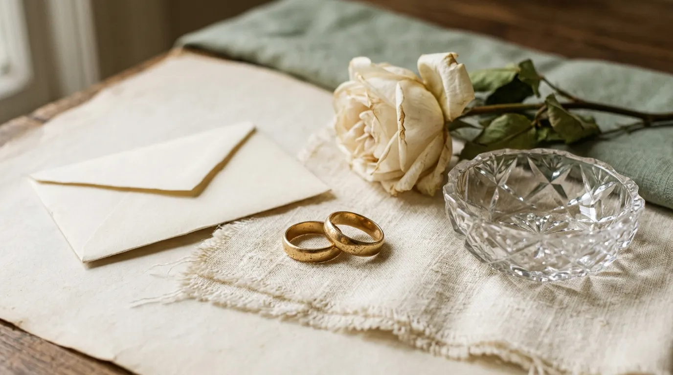 Two worn gold wedding bands on aged linen beside a blank cream envelope, a cut-glass dish and a spent white rose.