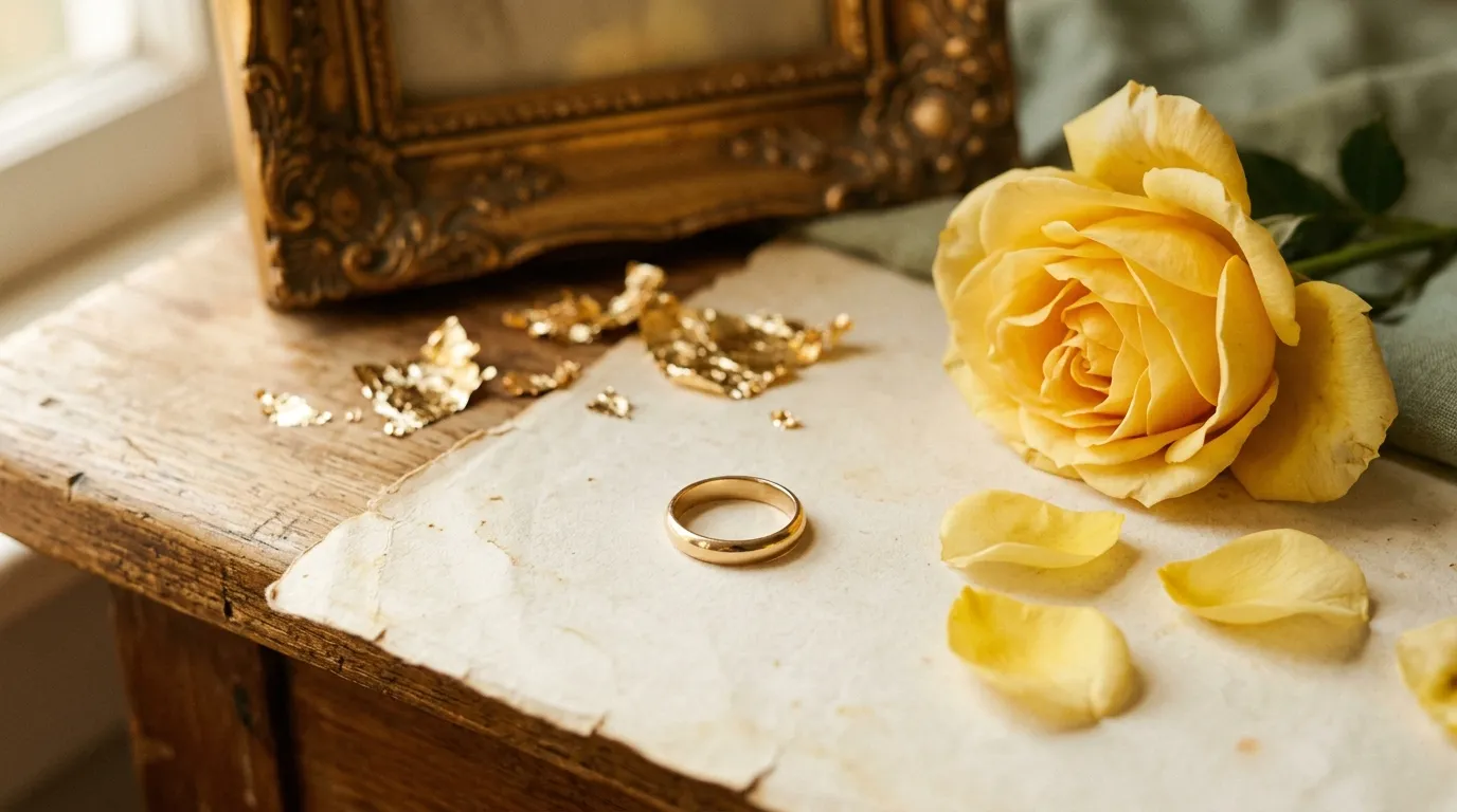 A plain gold band on aged paper with gold leaf fragments and a yellow rose.