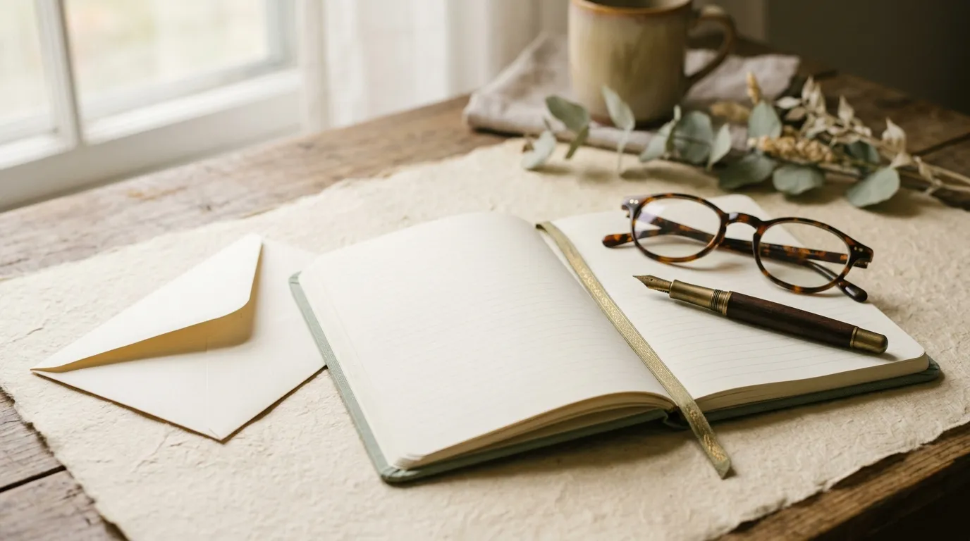An unsealed blank envelope, an open notebook on an empty page, a pen and reading glasses.