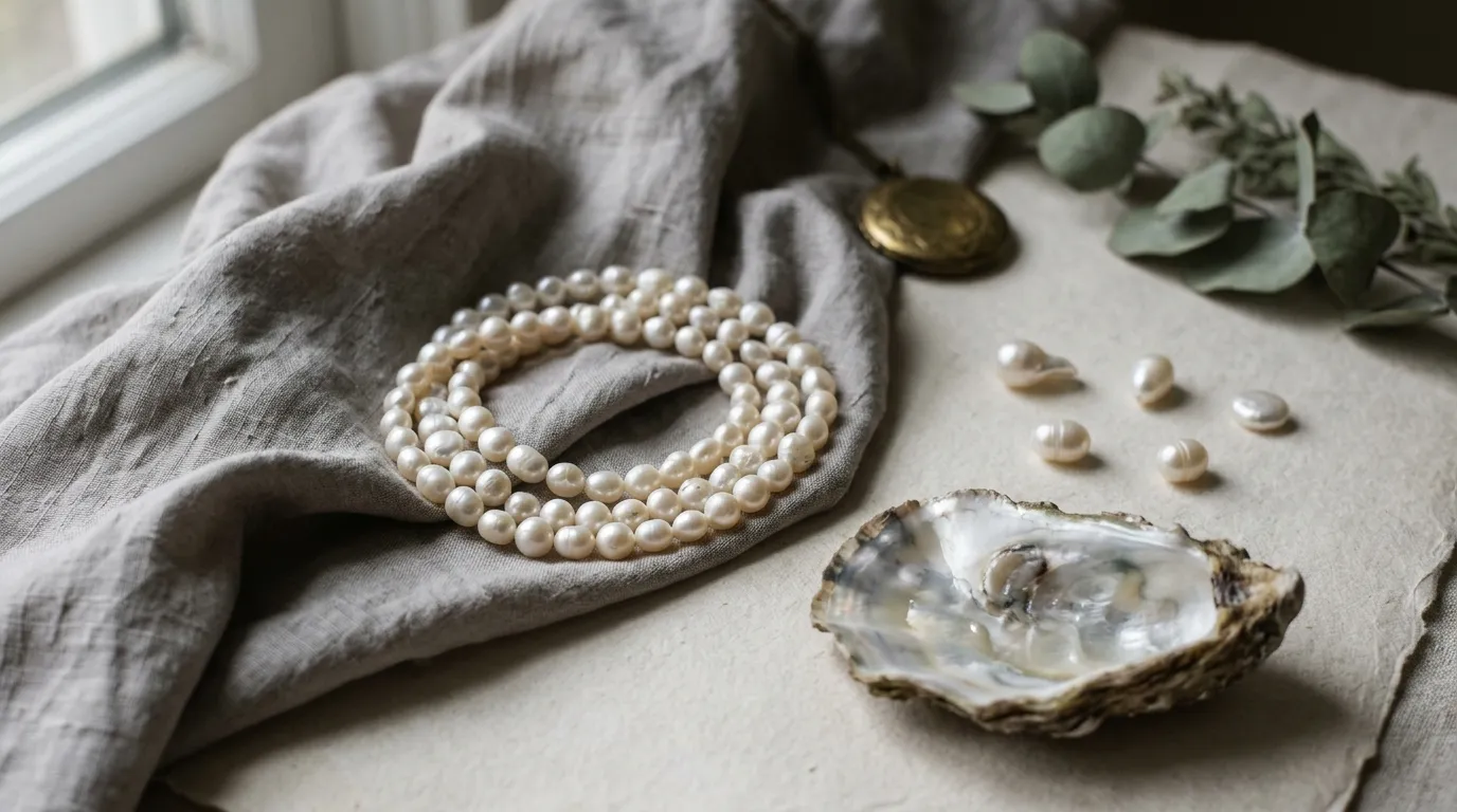 A coiled strand of pearls on grey silk beside an open oyster shell.