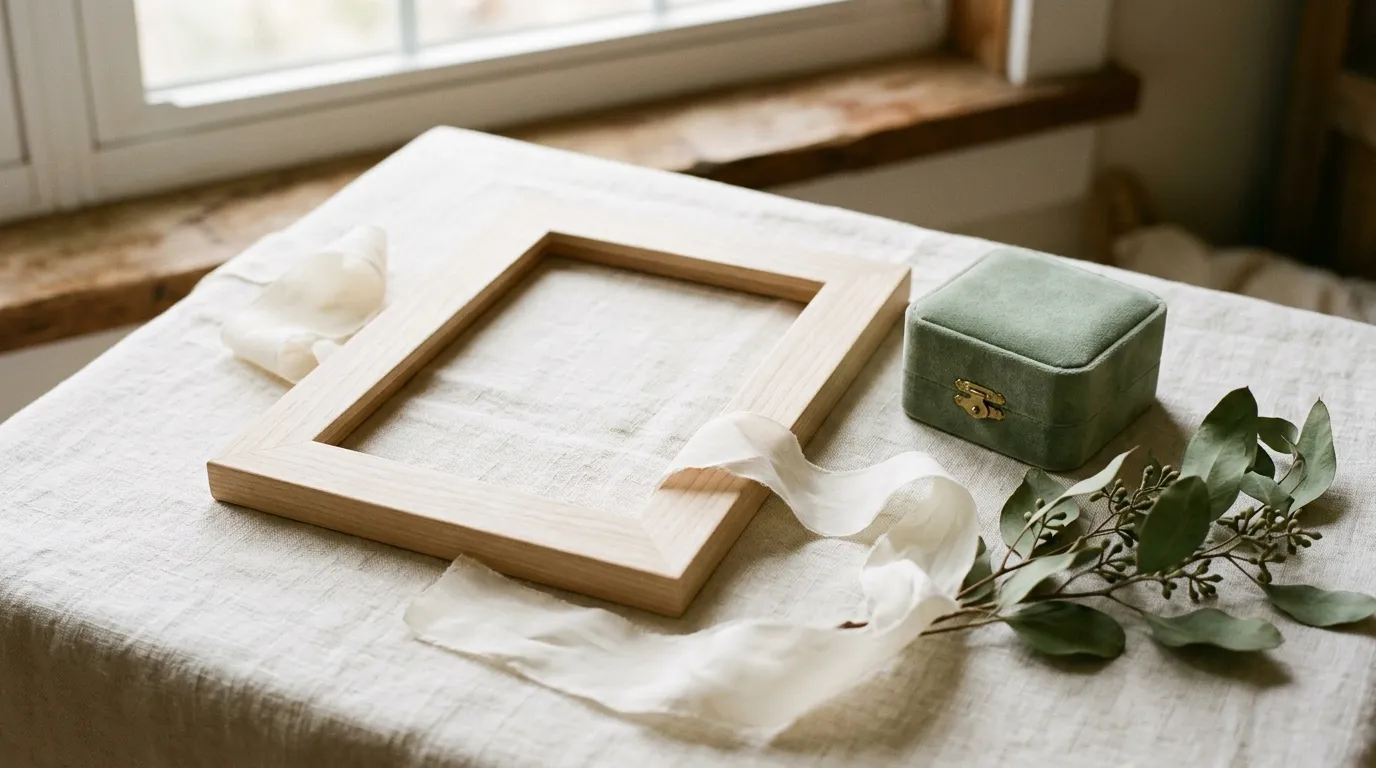 An empty pale wooden frame lying on linen beside a small velvet box and ivory ribbon.