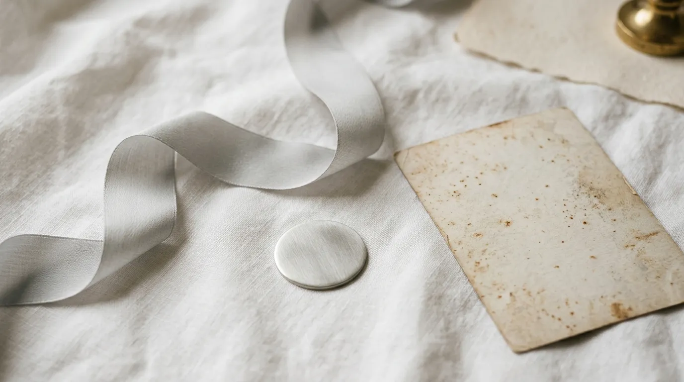 A pale grey silk ribbon and a small unmarked metal disc on white linen beside an old photograph face down.