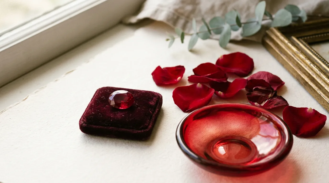 A faceted ruby-toned gemstone on dark velvet with crimson rose petals.