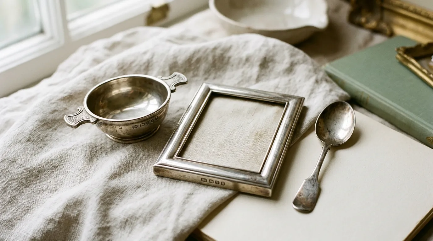 A silver quaich, an empty silver frame and a teaspoon on pale linen.