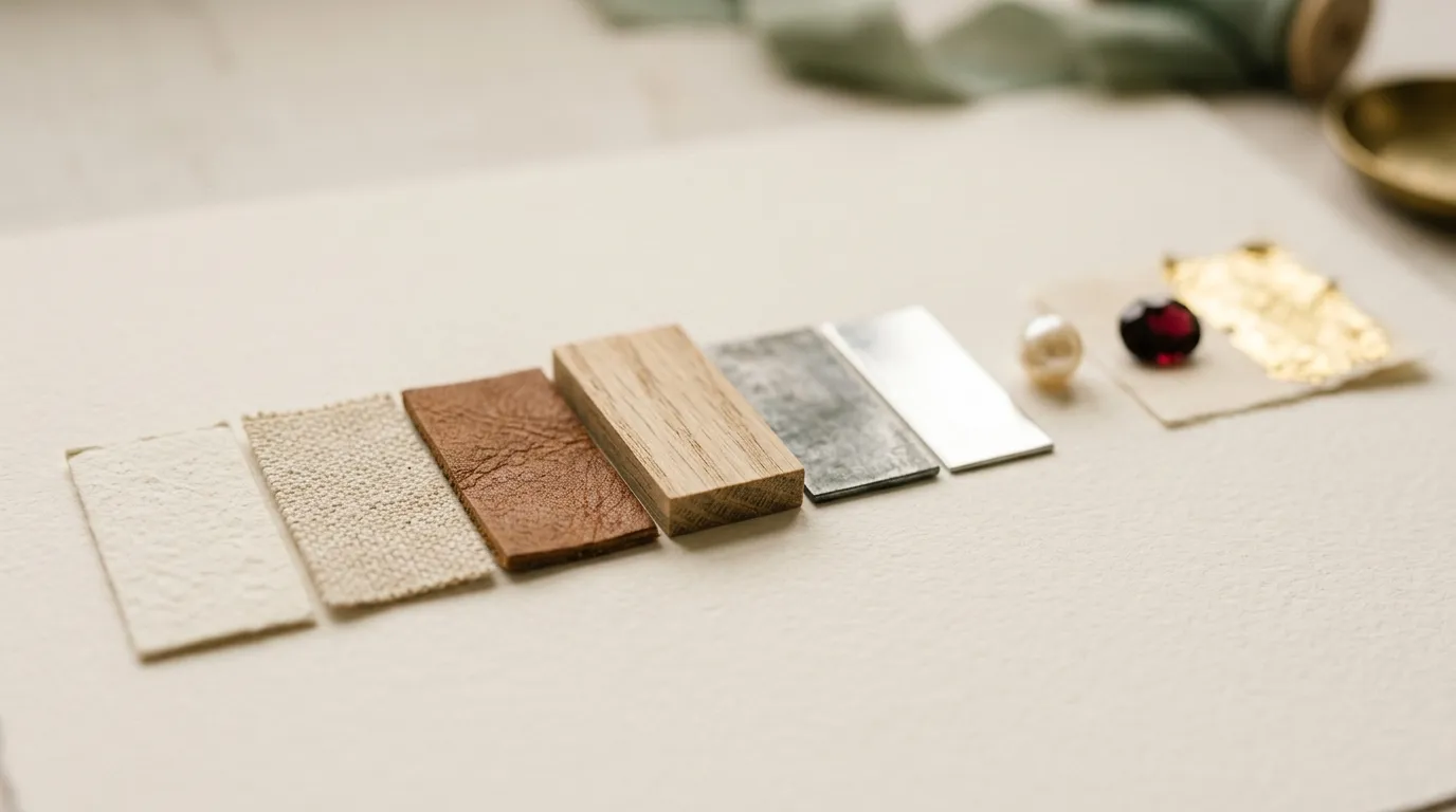A row of material swatches from paper through cotton, wood and silver to gold.