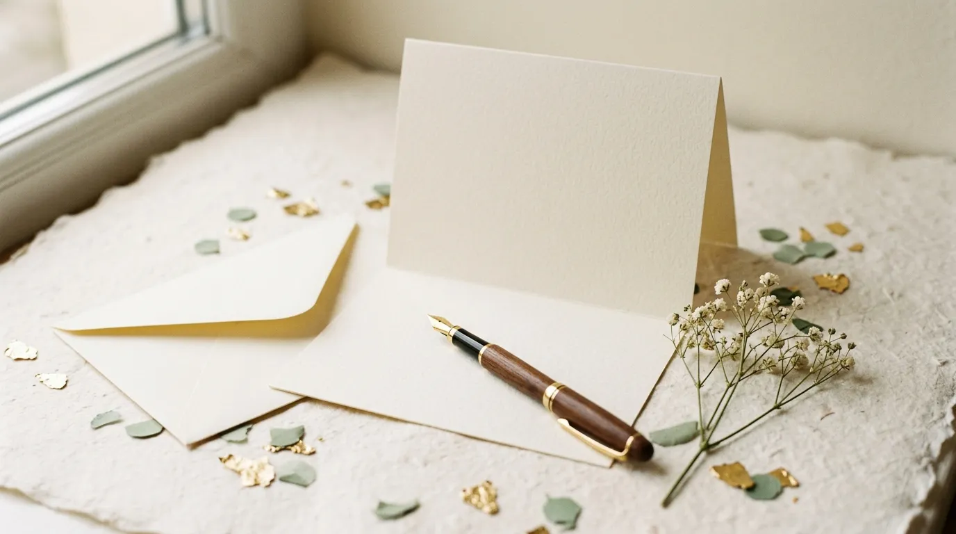 A blank cream wedding card standing open beside an envelope and an uncapped fountain pen.