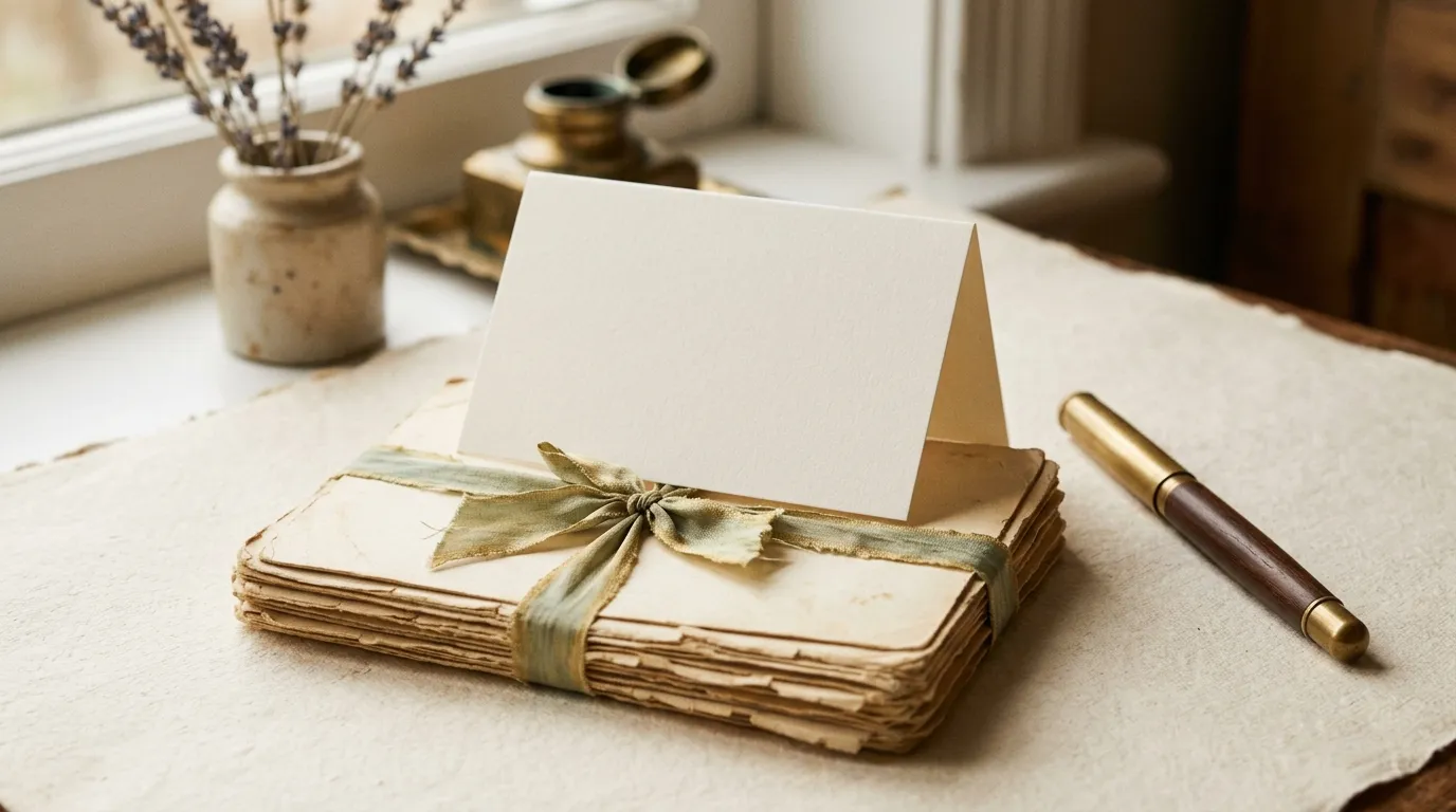 A blank folded card on a ribbon-tied stack of older, yellowed cards with a pen alongside.