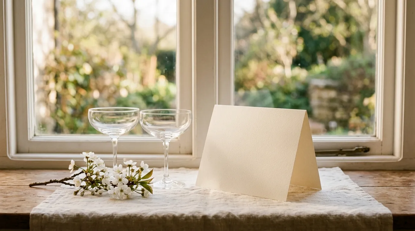 A blank card standing open on a windowsill beside two coupe glasses and white blossom.