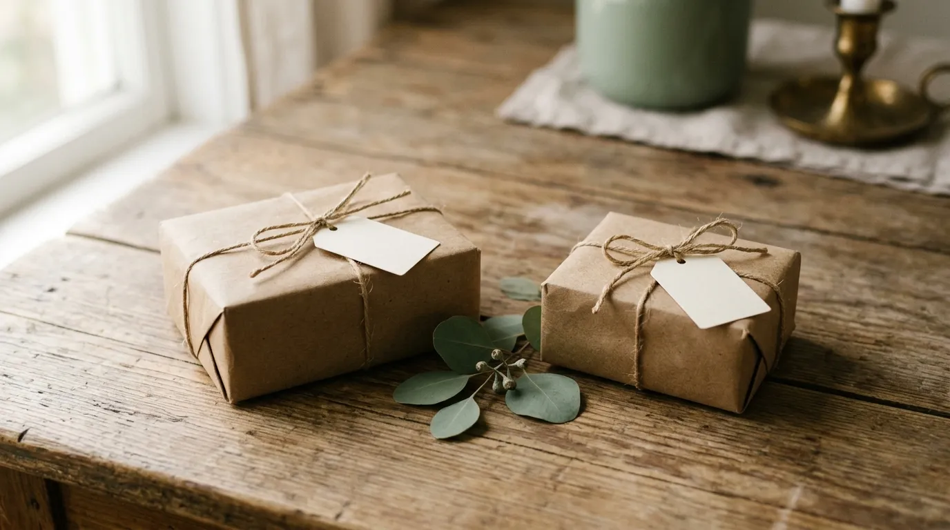 Two small string-tied parcels with blank tags side by side on a wooden table.