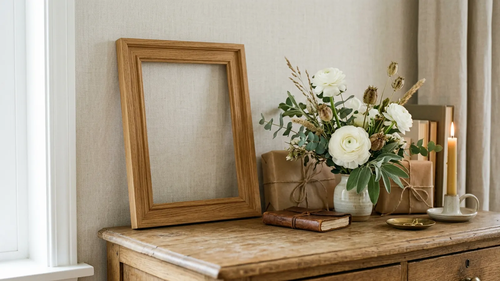 An empty oak frame among ranunculus and parcels