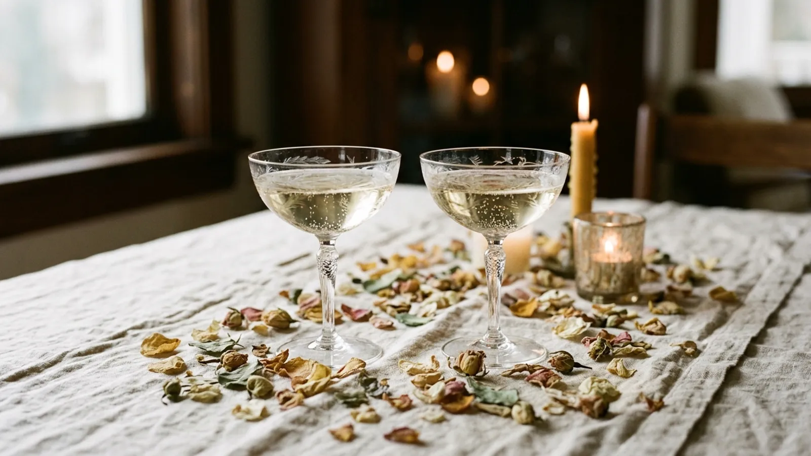 Two champagne coupes with dried petal confetti