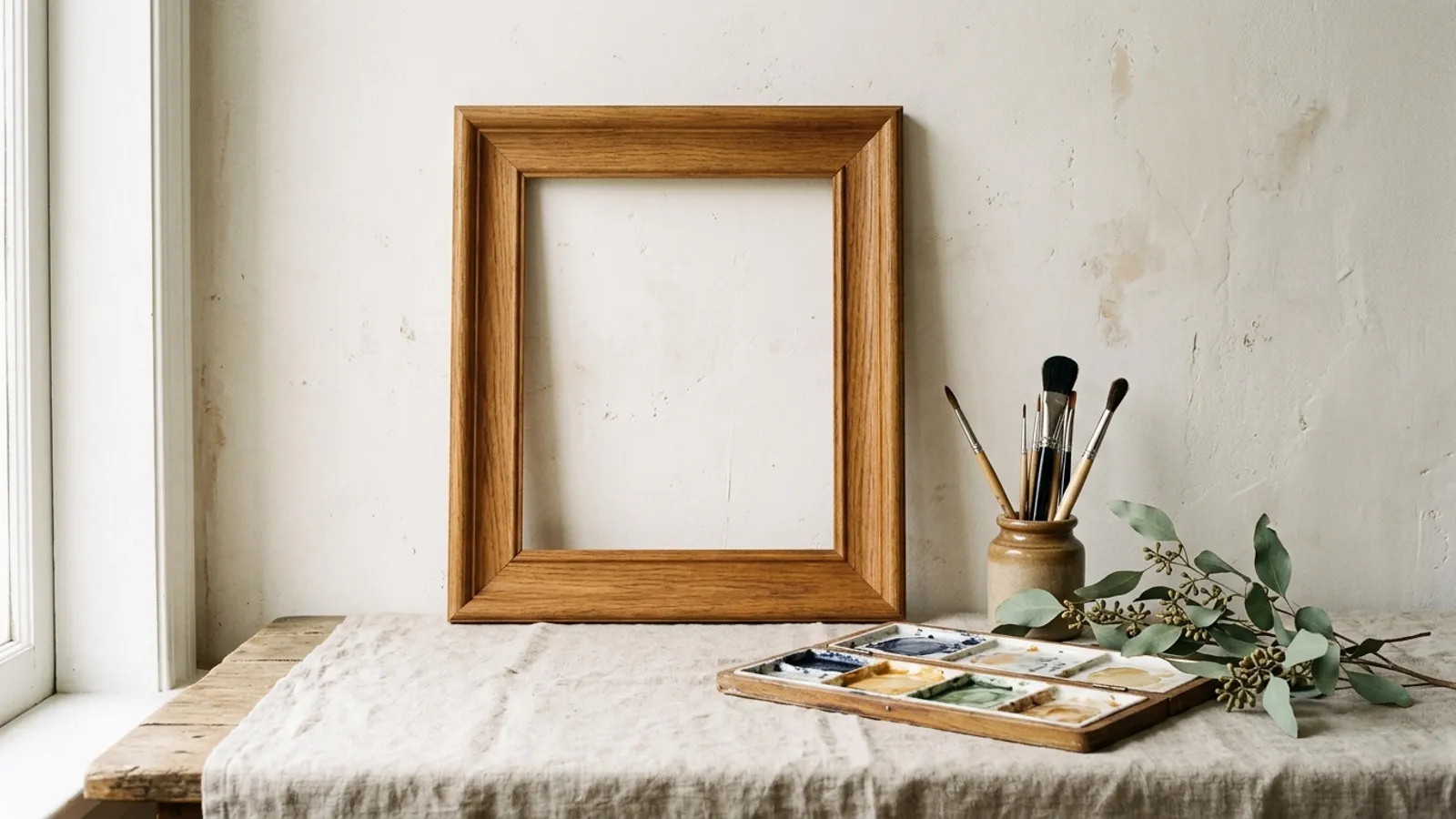 A framed wedding photograph rendered as a soft watercolour, resting against a pale wall