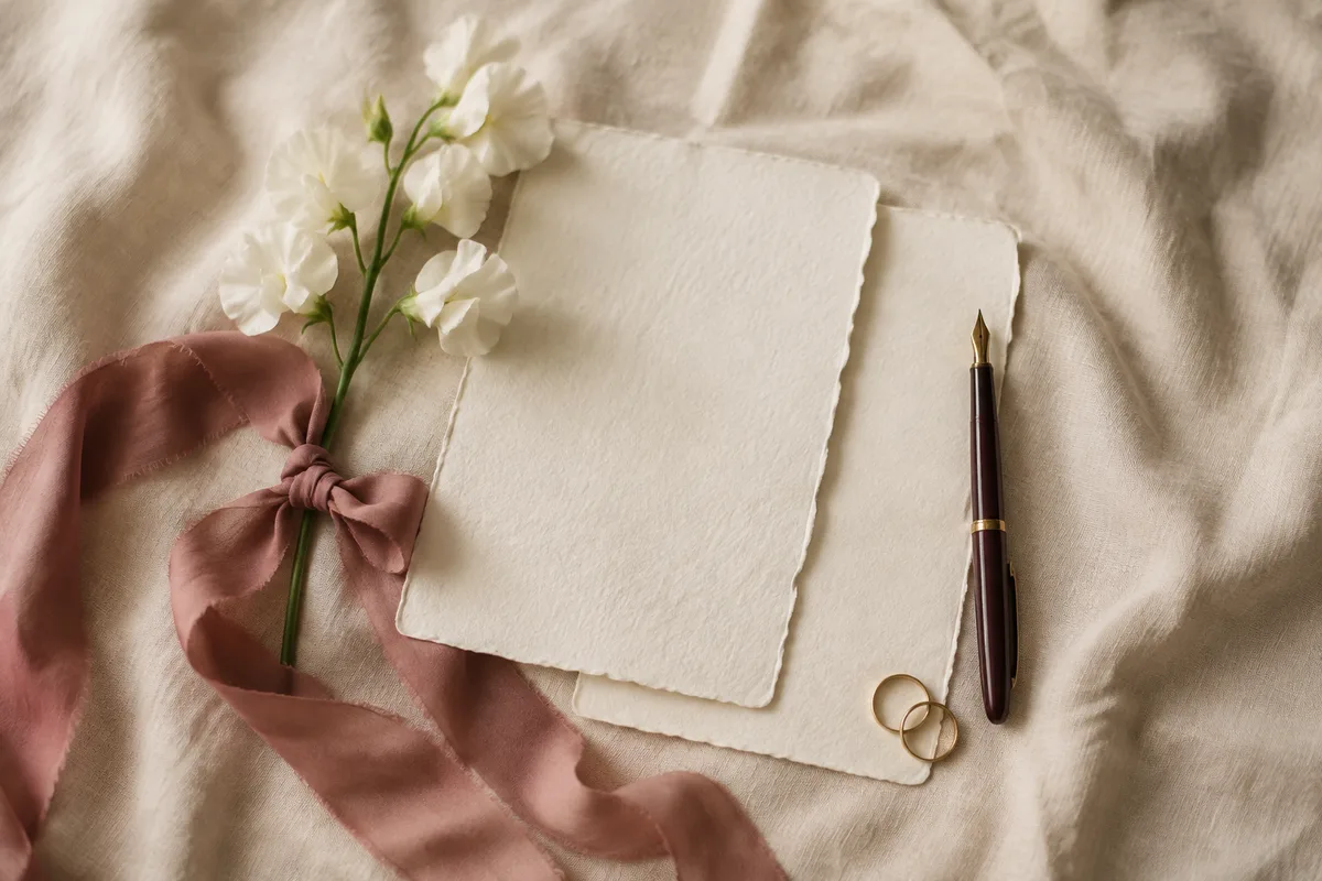 Two blank deckle-edged cards, a fountain pen, two gold rings, white sweet peas and a dusty-pink ribbon on linen.