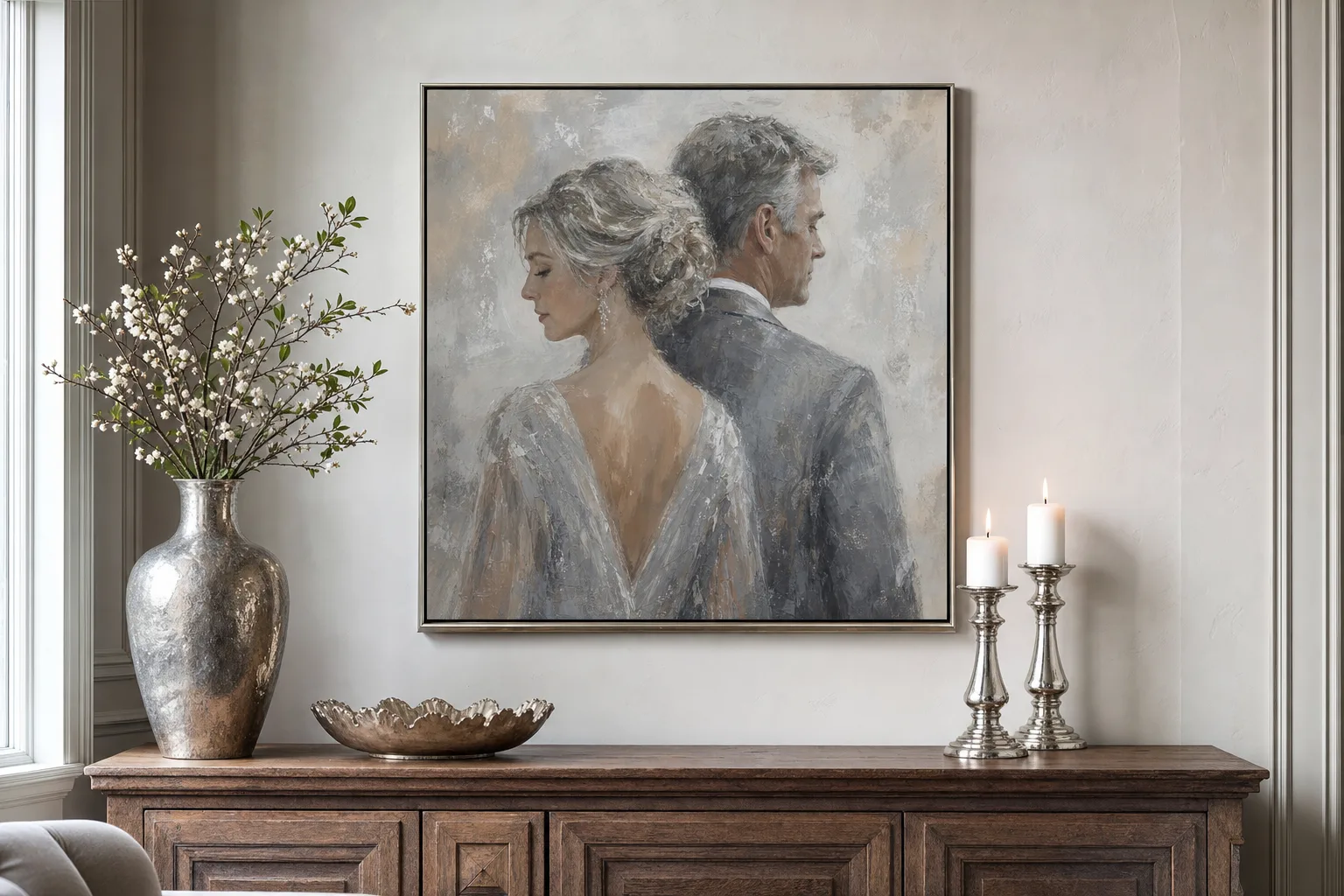 A framed couple portrait on canvas displayed as a silver-anniversary milestone wall-piece.
