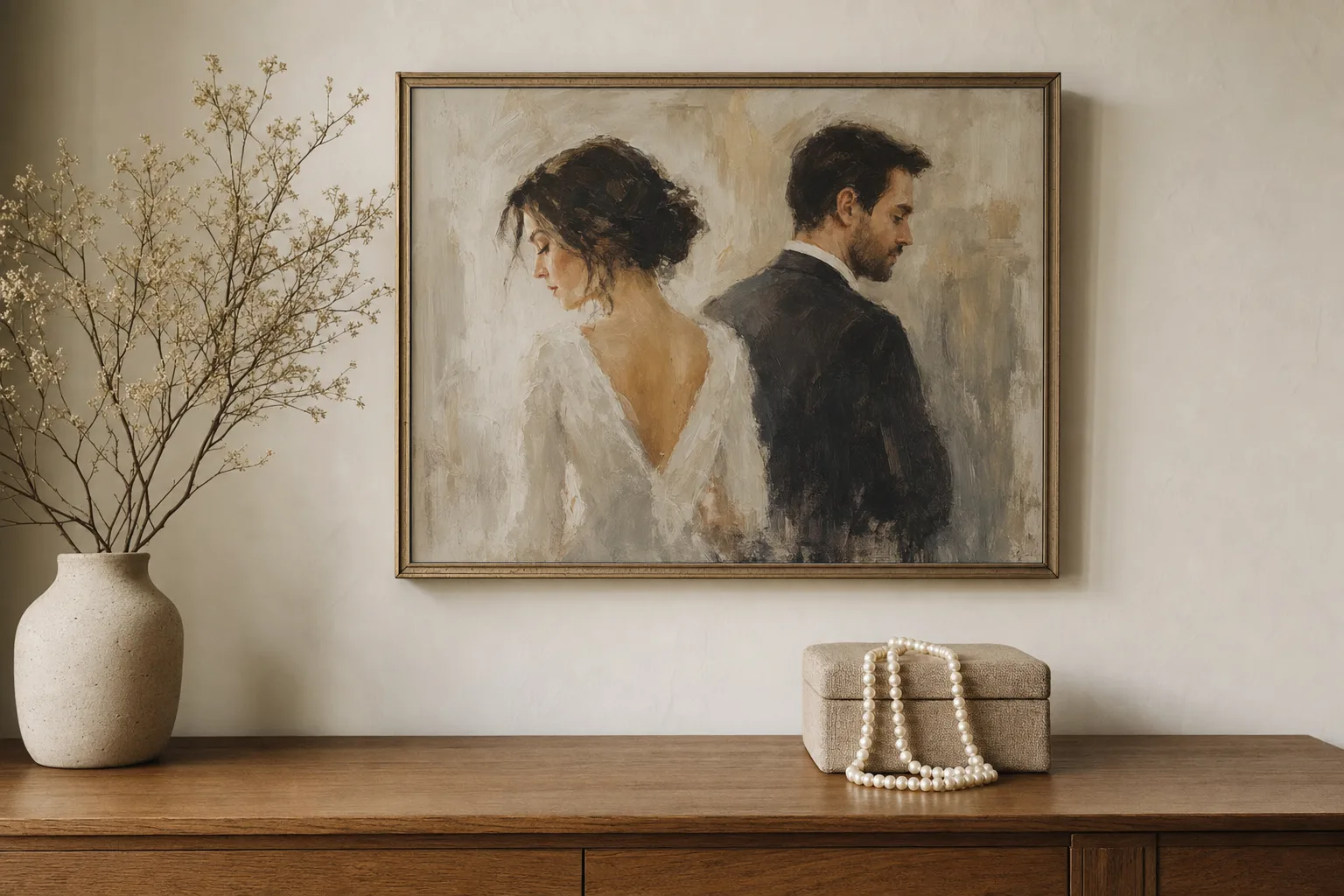 A framed couple portrait shown on a styled wall — a 30th wedding anniversary keepsake.