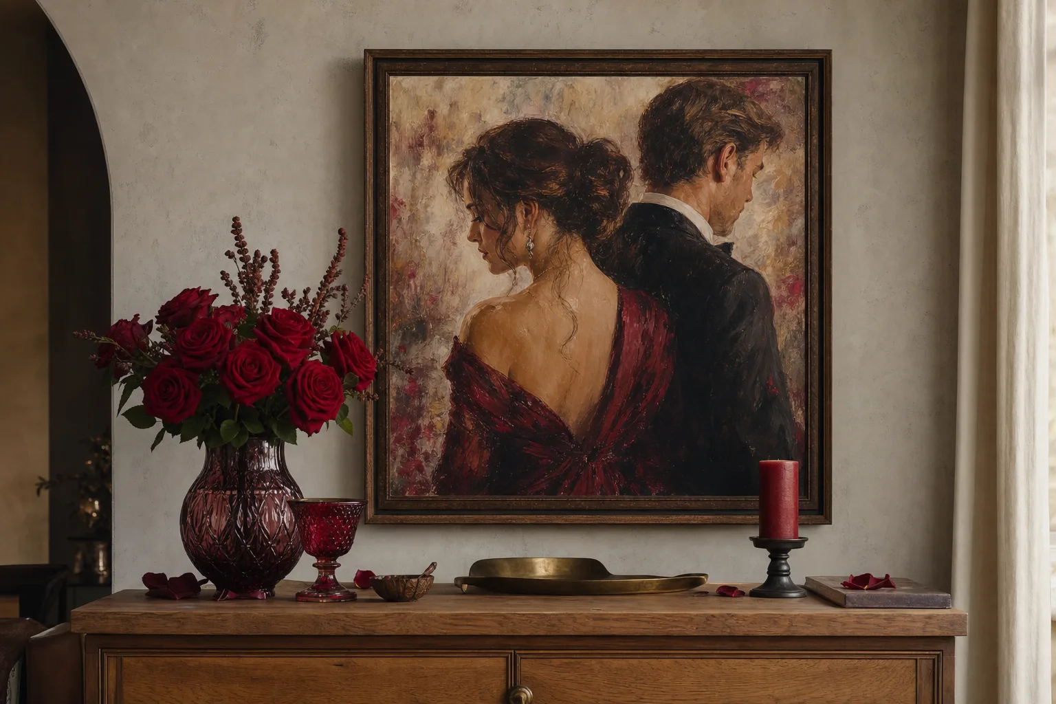 A framed couple portrait on a styled wall — a ruby-anniversary keepsake.