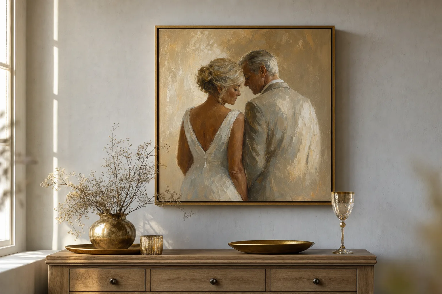 A framed couple portrait on canvas shown on a styled wall — the golden wedding anniversary keepsake.