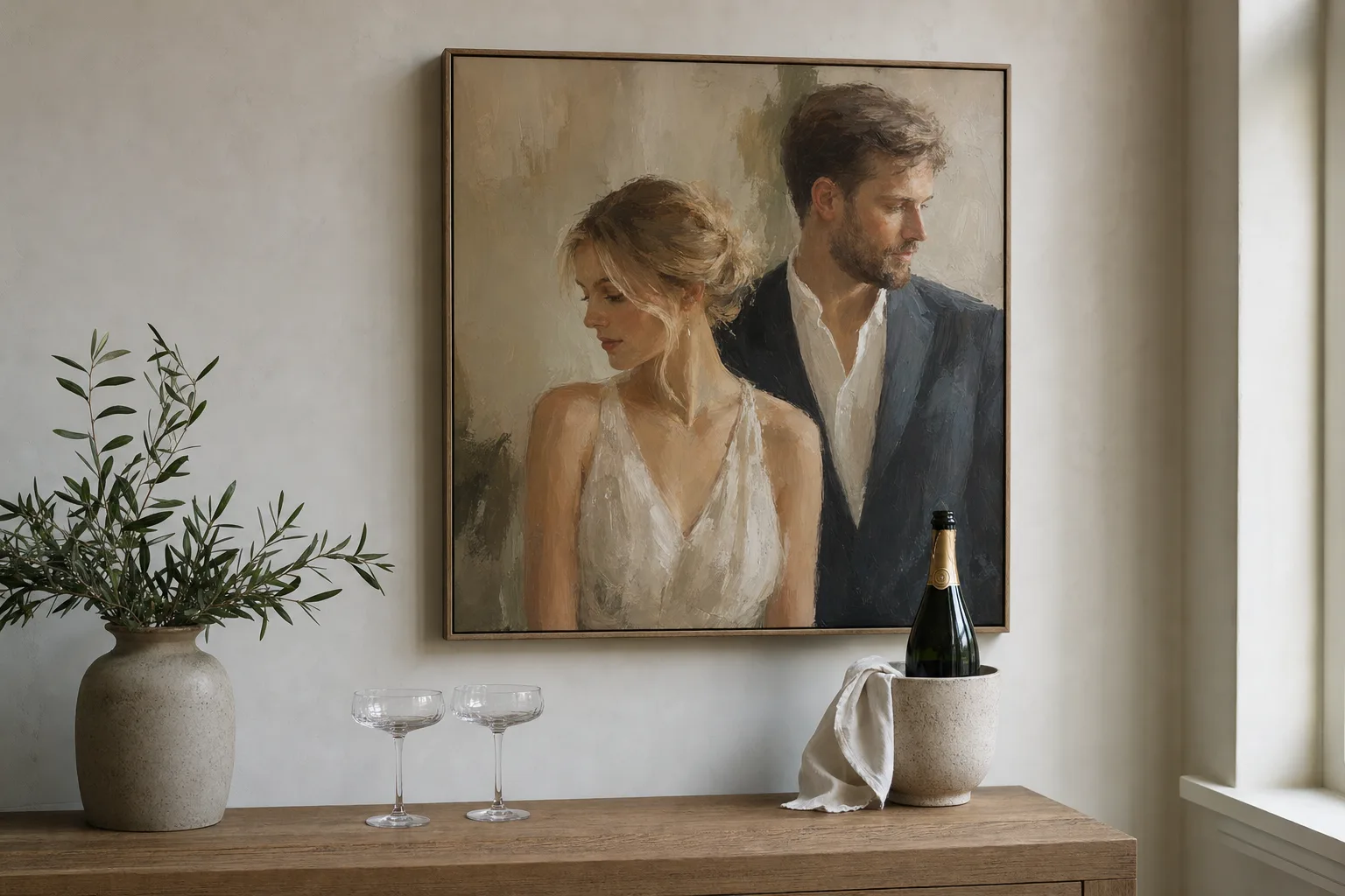 A framed couple portrait beside a bottle of fizz and a handwritten card on an oak console.