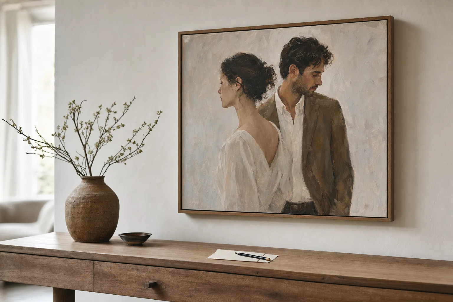 A personalised framed wedding keepsake beside a handwritten card on an oak console.