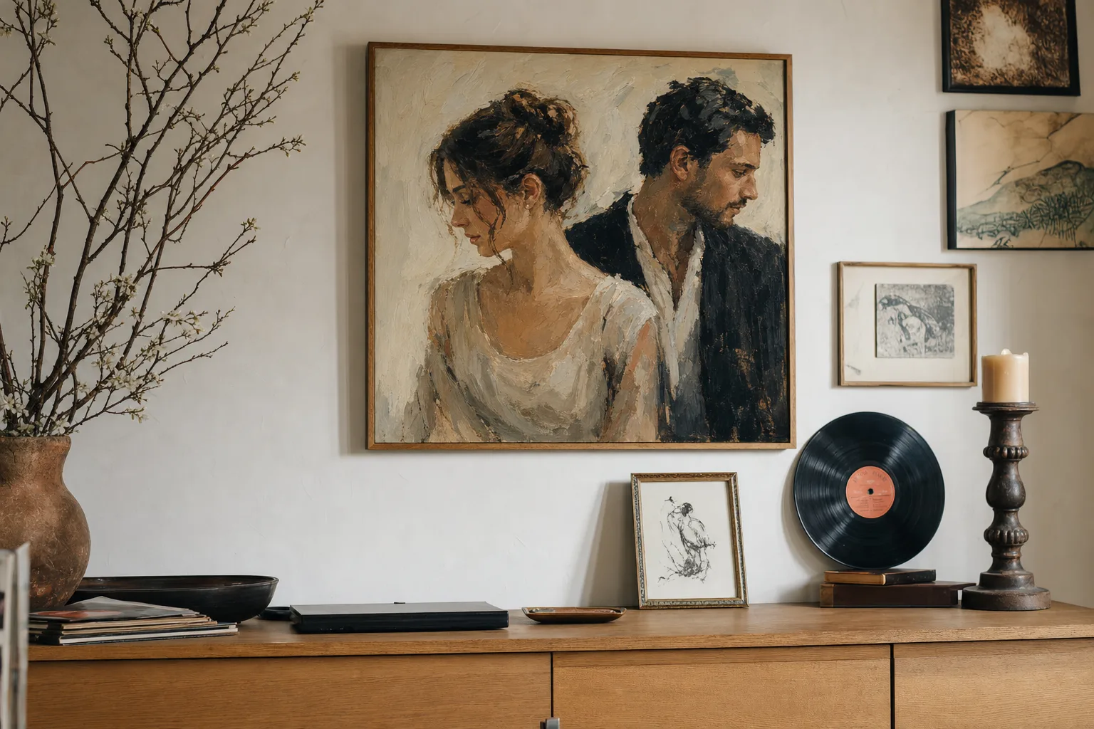 A unique framed wedding keepsake beside a handwritten card on an oak console.