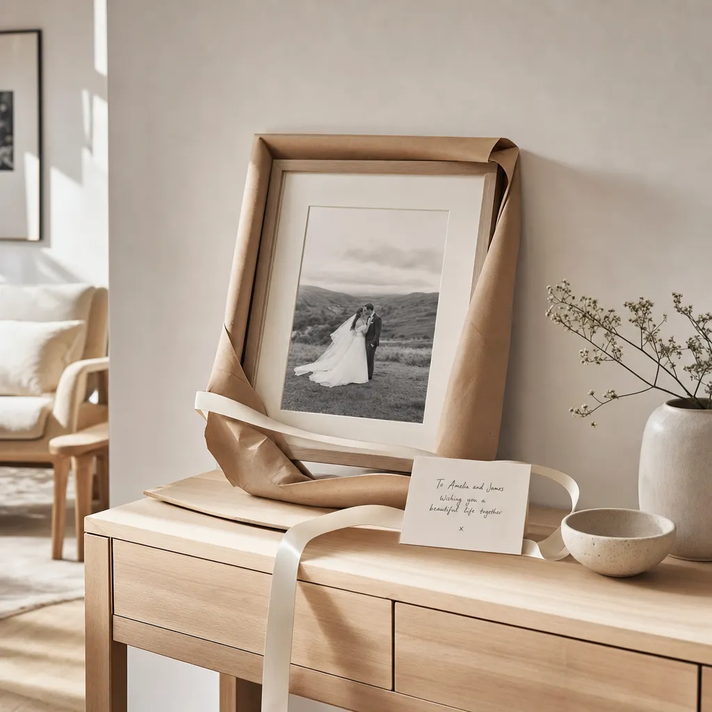 A gift-wrapped framed wedding print beside a handwritten card on an oak console.