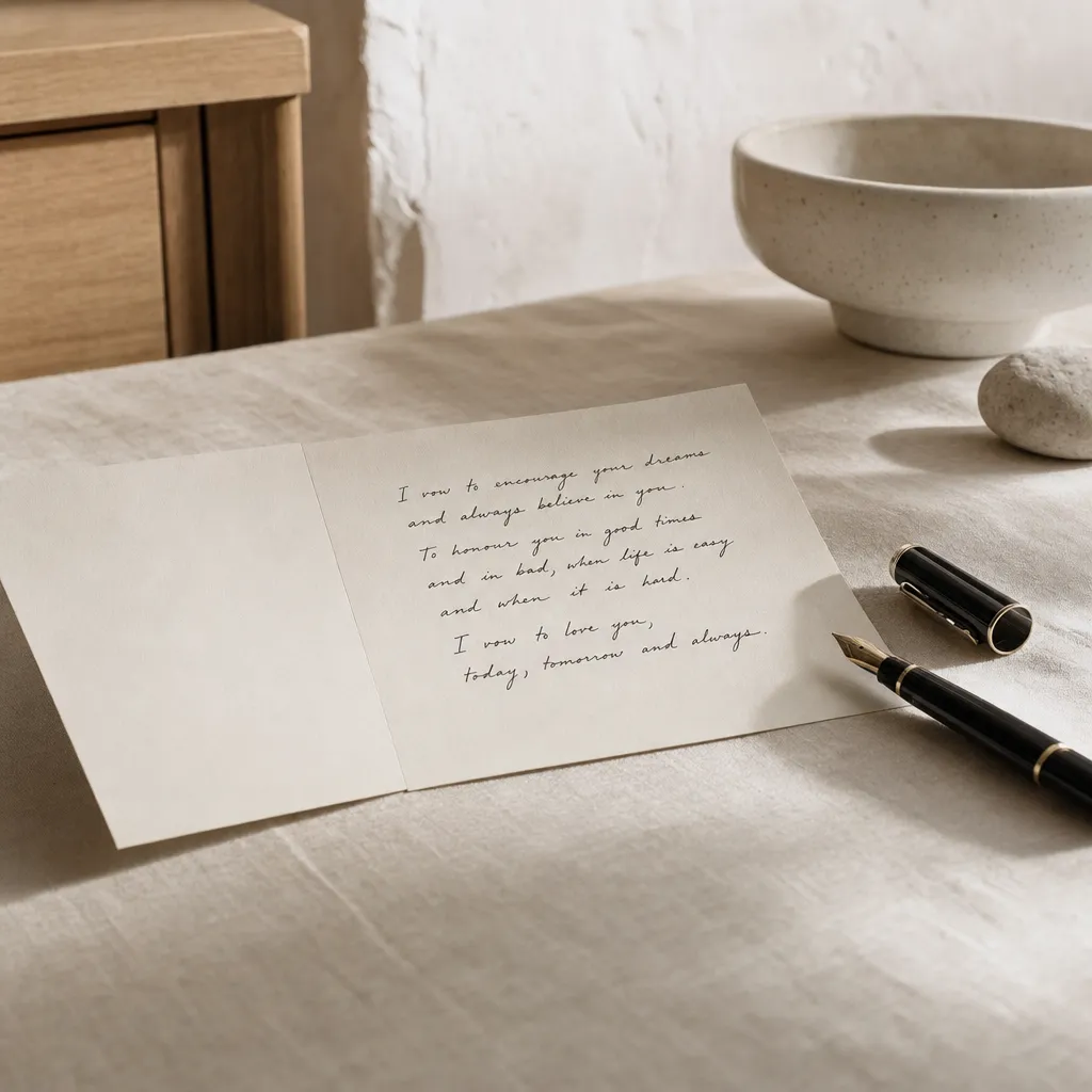 A handwritten vow card and a fountain pen resting on cream linen.