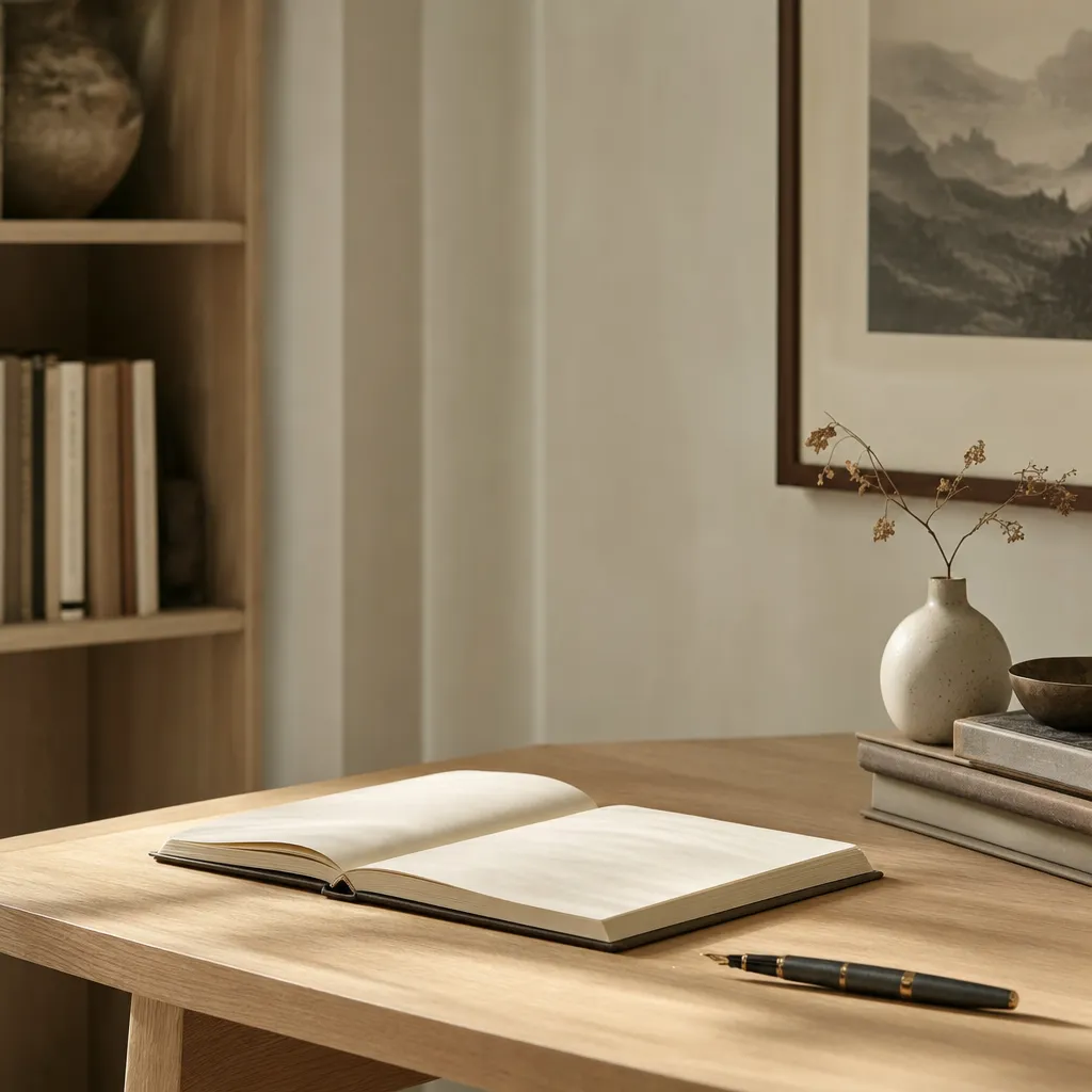 An editorial desk vignette — an open notebook and fountain pen, a framed print behind.
