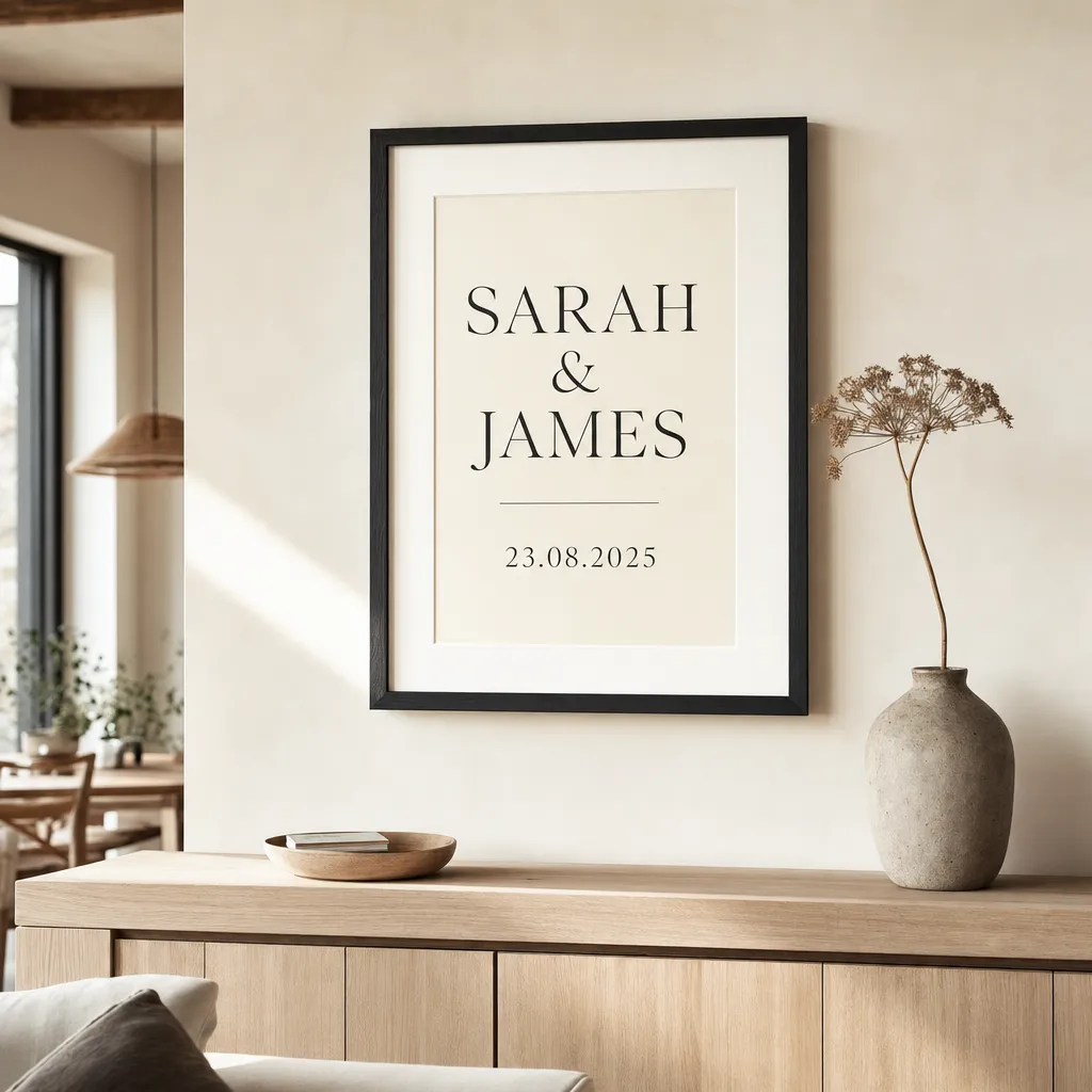 A framed typographic wedding date print shown on a styled wall — the paper anniversary keepsake.