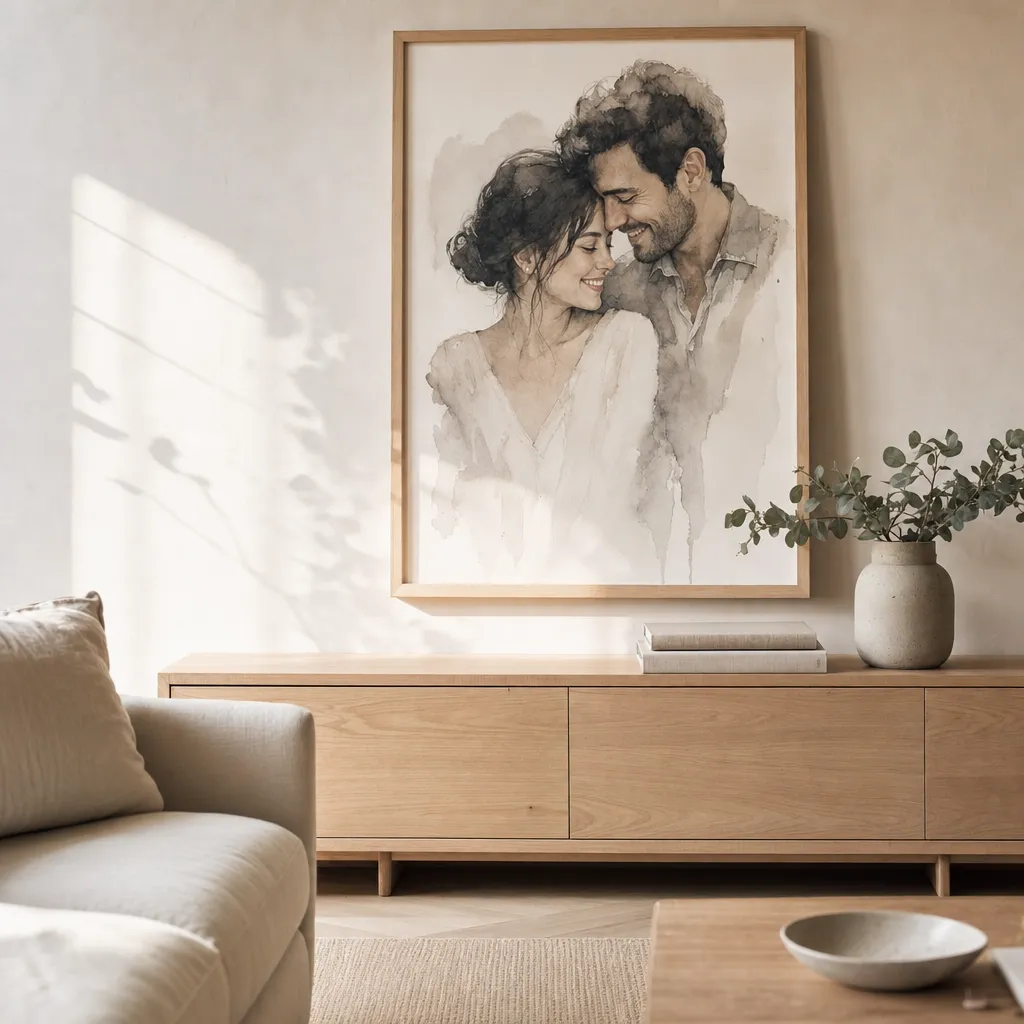 A framed watercolour couple portrait canvas shown on a styled living-room wall.