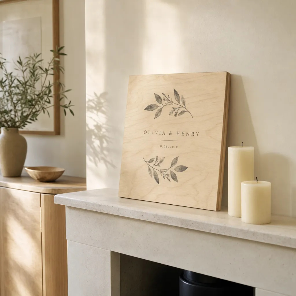 A birch-plywood anniversary keepsake print on a mantel — the wood anniversary.
