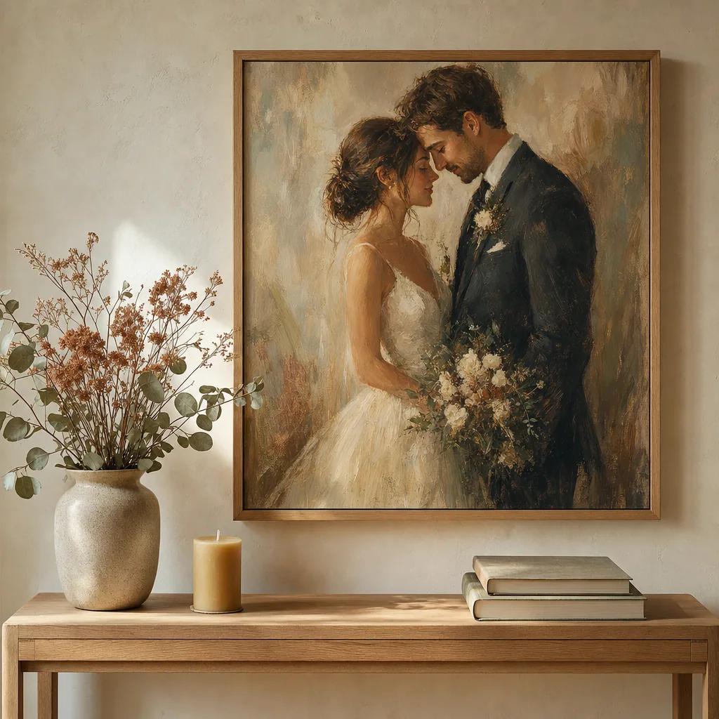 A painted couple portrait on framed gallery canvas hanging above an oak console in a warm home.