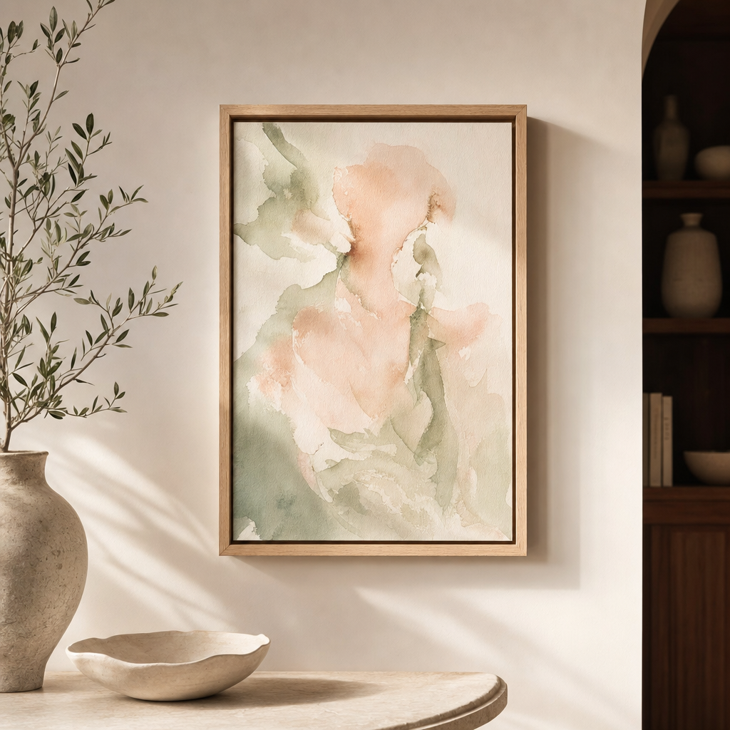 AI-generated couple portrait in watercolour style, framed canvas