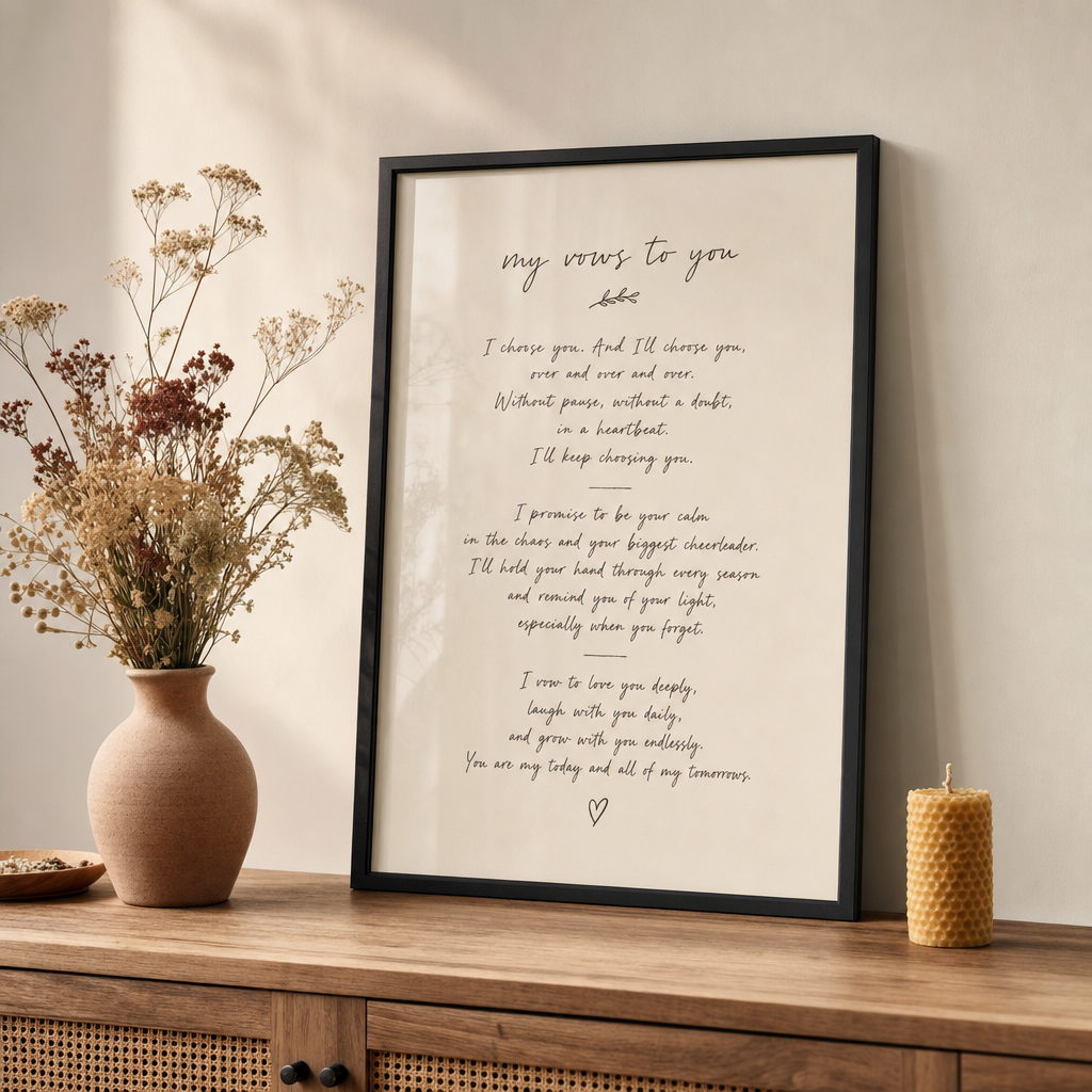 Vow print with handwritten vows in italic typography on cream paper