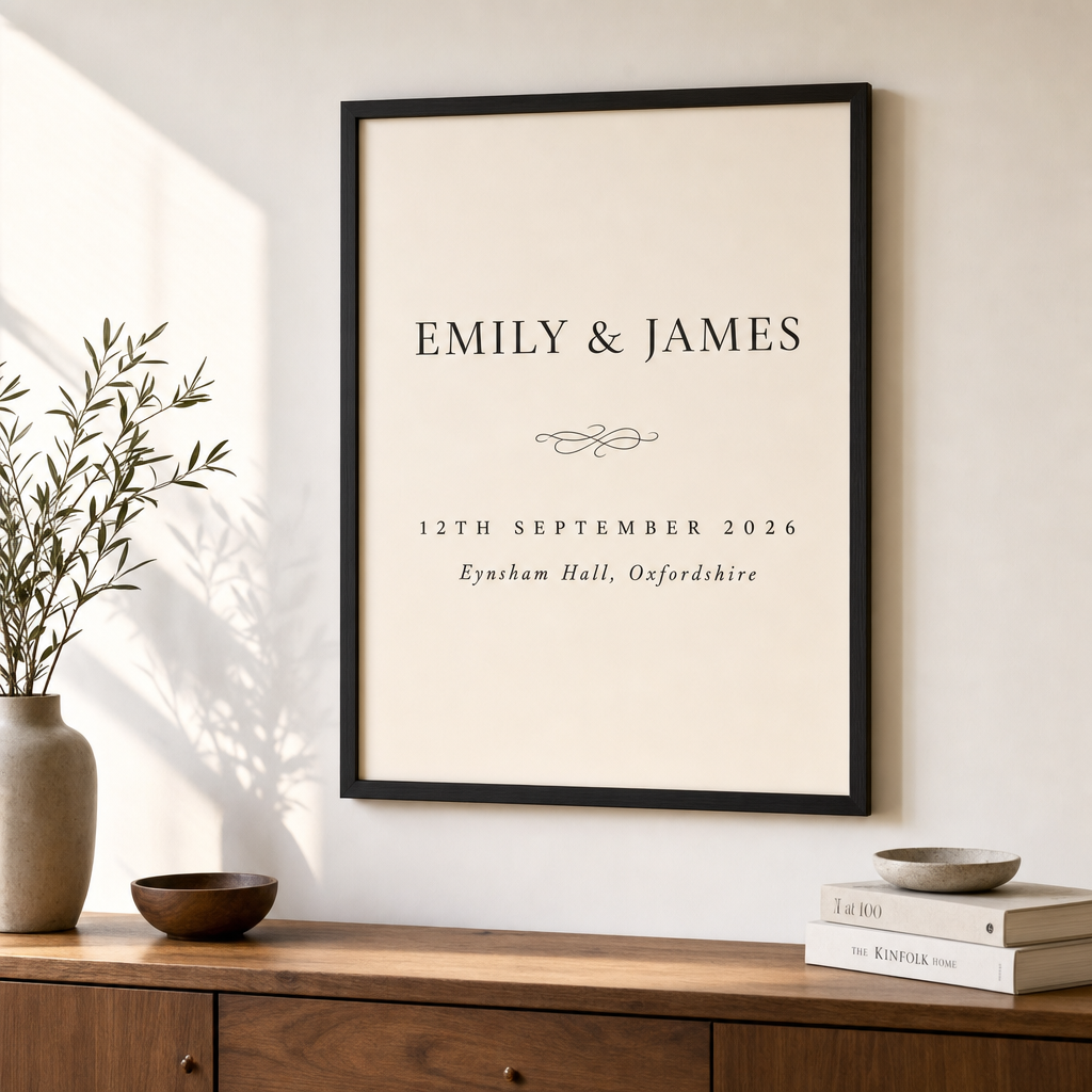 Wedding date print in elegant editorial typography on cream paper
